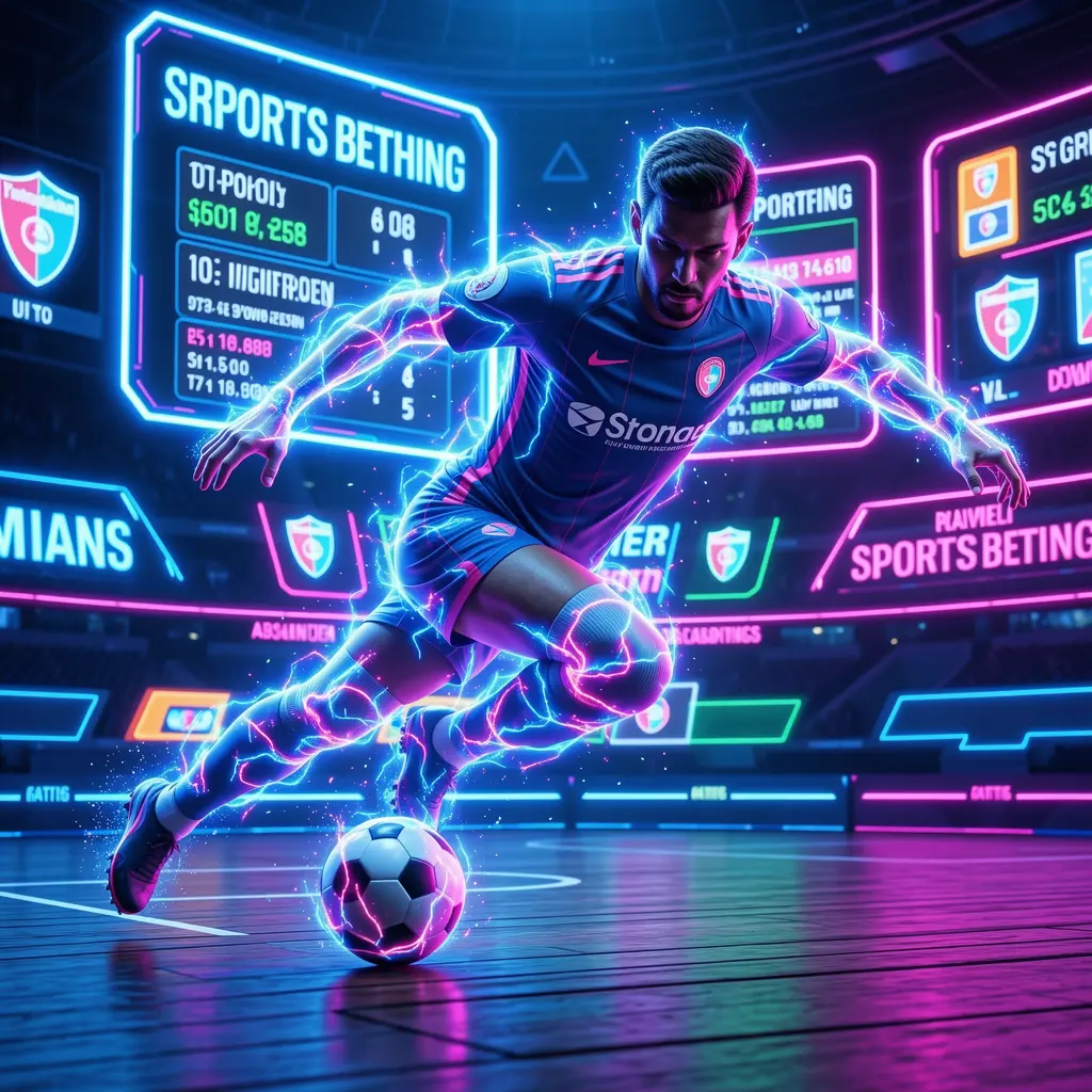 MXWON – Bet on soccer with confidence using cutting edge technology Futuristic soccer player made of glowing particles controlling the ball inside a digital arena symbolizing advanced sports betting on MXWON in Mexico